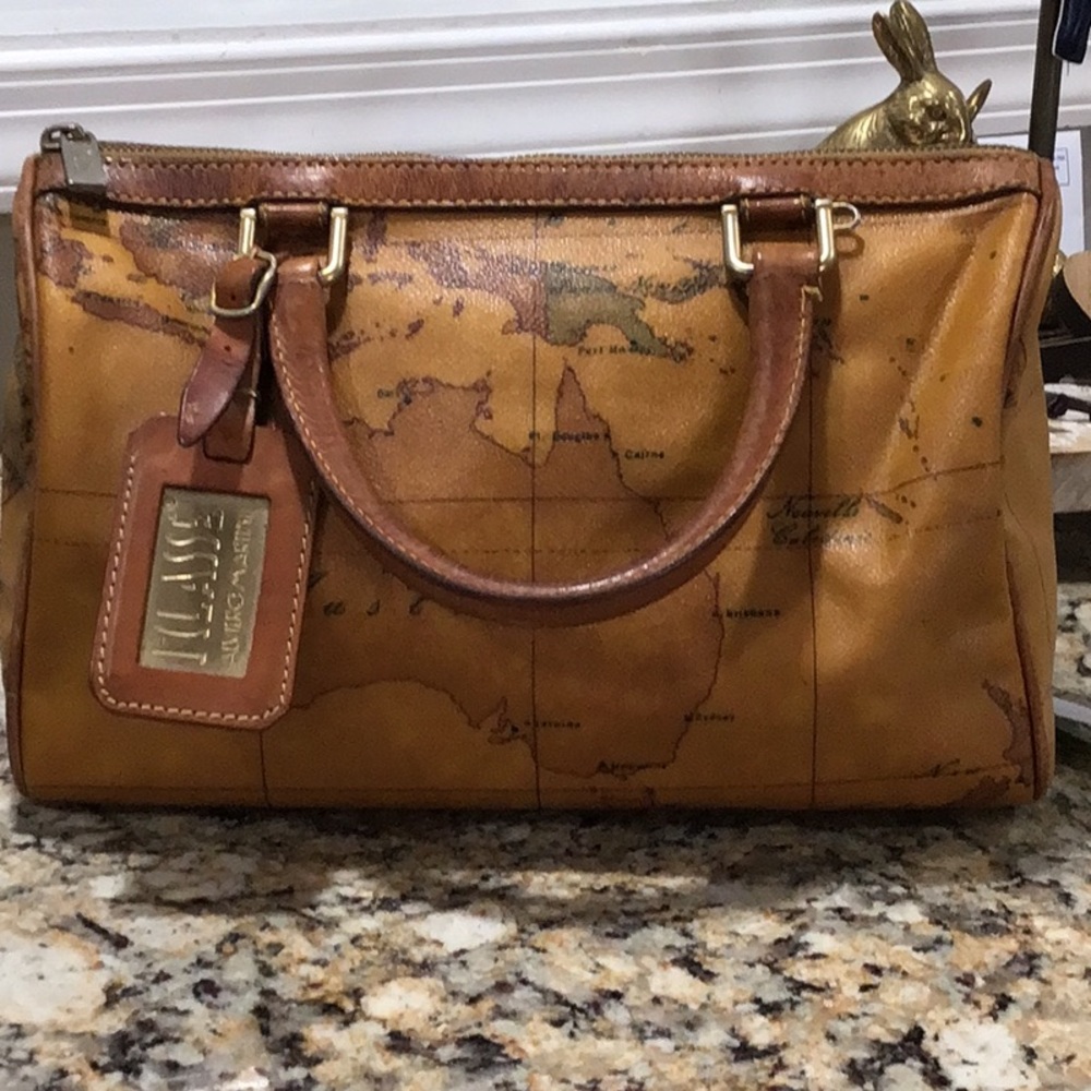 EUC ALVIERO MARTINI GEO MAP PRIMA CLASSE WORLD MAP BROWN BOSTON BAG